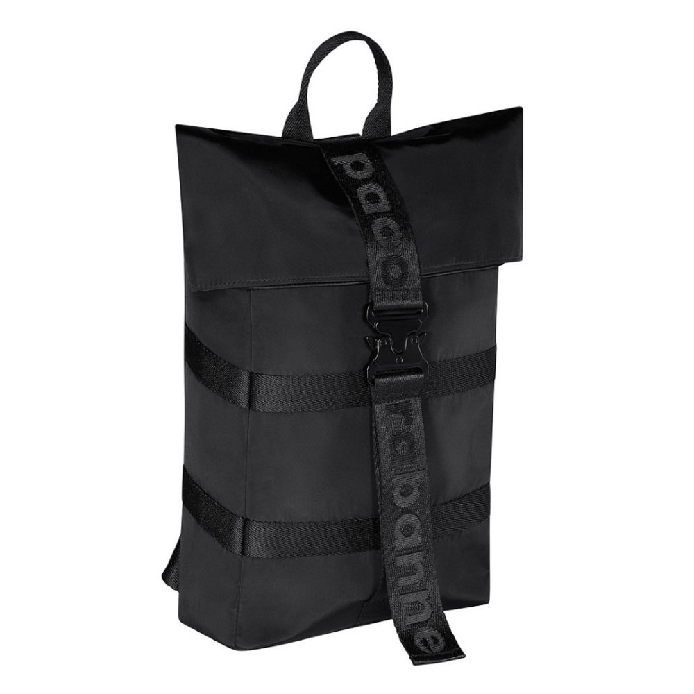 Paco Rabanne black roll-top backpack featuring branded logo straps